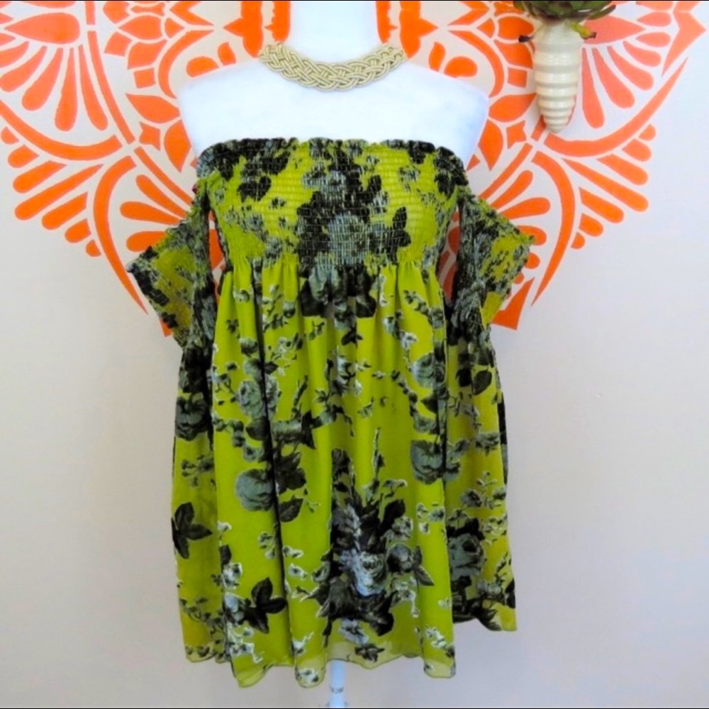 Vintage Betsey Johnson chartreuse strapless bell sleeve babydoll dress